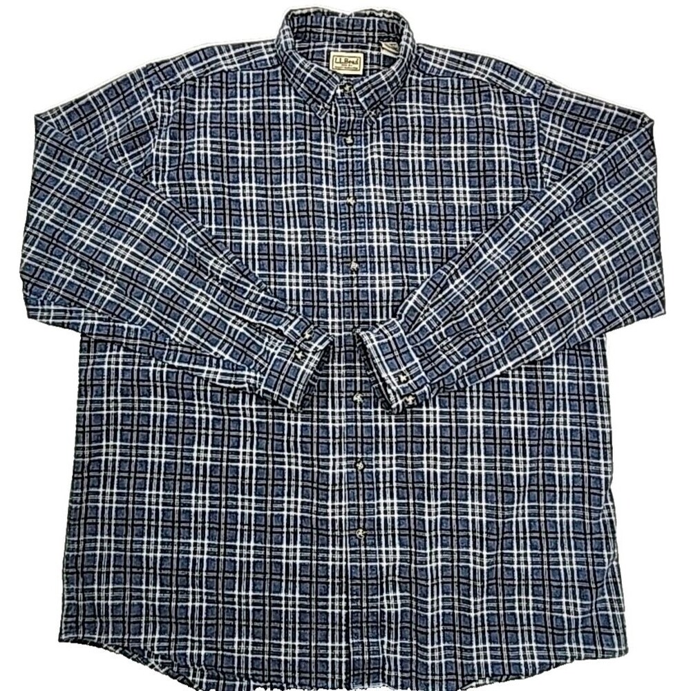 LL Bean Shirt Flannel Plaid Blue Gray Button Pocket Size XLT XL Tall Cotton Top